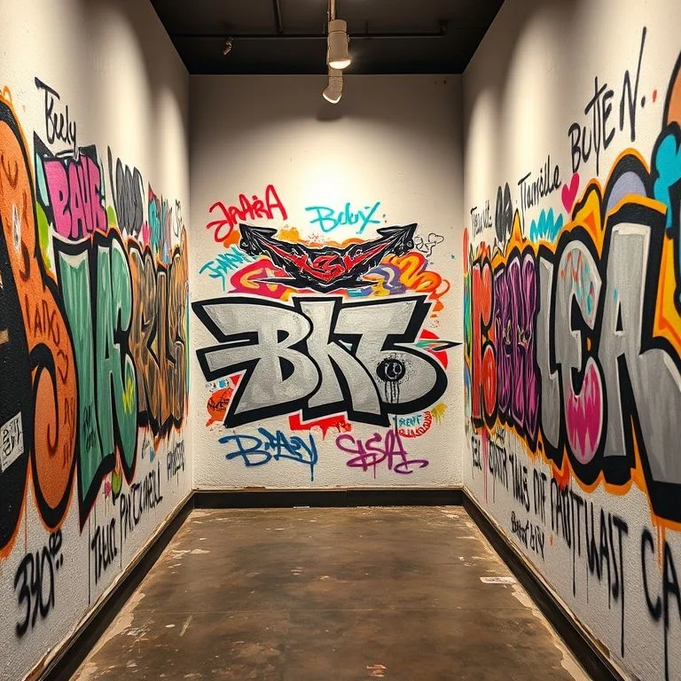 A vibrant, energetic scene capturing diverse abstract hands reaching towards a large, freshly painted, collaborative mural. The focus is on the bold, colorful patterns of the mural itself (abstract geometric shapes, dynamic lines) and the implied motion of creation. No recognizable faces, just hands and art.