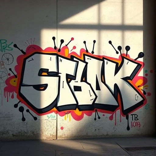 A minimalist, high-end interior space, a modern art gallery or tech office lobby, featuring a sophisticated, bespoke graffiti art installation as a central focal point. The art piece is a refined blend of street art aesthetics with clean lines and a curated color palette of smog-grey and muted-teal on an off-white wall. Emphasis on lighting and professional integration.