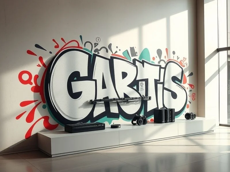 A minimalist, high-end interior space, a modern art gallery or tech office lobby, featuring a sophisticated, bespoke graffiti art installation as a central focal point. The art piece is a refined blend of street art aesthetics with clean lines and a curated color palette of smog-grey and muted-teal on an off-white wall. Emphasis on lighting and professional integration.