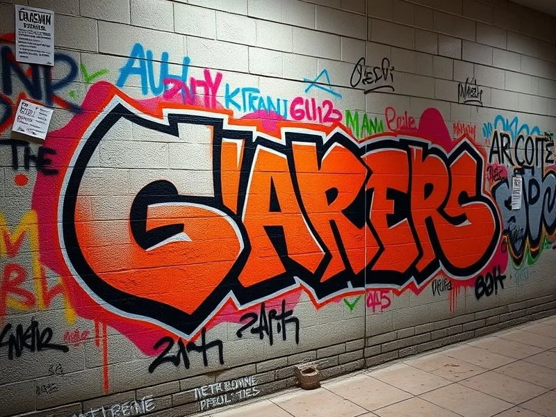 A futuristic, illuminated urban landscape seen from an artist's perspective, with translucent digital overlays projecting evolving graffiti art onto towering brutalist structures. The image shows a blend of tangible and ethereal light, symbolizing creativity emerging from the urban environment, with abstract geometric light patterns and atmospheric depth.